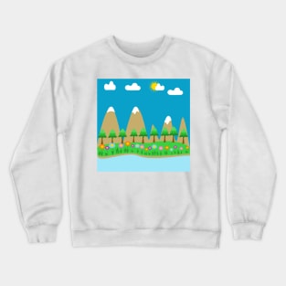 A scenic landscape with a mountains, trees,  sky, clouds and a river with boat Crewneck Sweatshirt